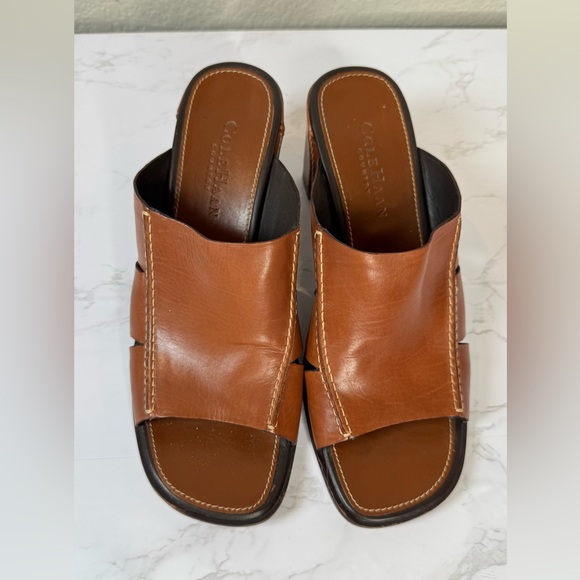 Cole Haan Brown Leather Square Toe Block Heel Sandals Size 7B - Picture 3 of 8